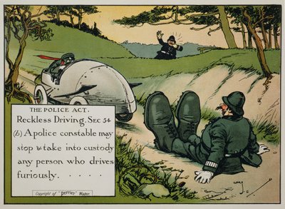 La Ley de la Policía. Conducción temeraria. Sec.54(b) Un policía puede detener y llevar a custodia a cualquier persona que conduzca furiosamente..., de un libro de reglas de la carretera, publicado c.1905 de Charles Crombie